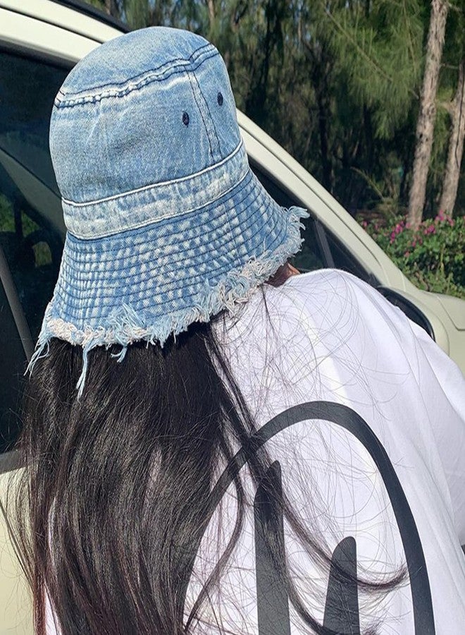 Busnos Denim Bucket Hats for Women Denim Cowboy Hats Boonie Hat for Men Trendy Cute Bucket Hat Foldable Brim Beach Cap Light Blue Wide Brim Caps - Image 5